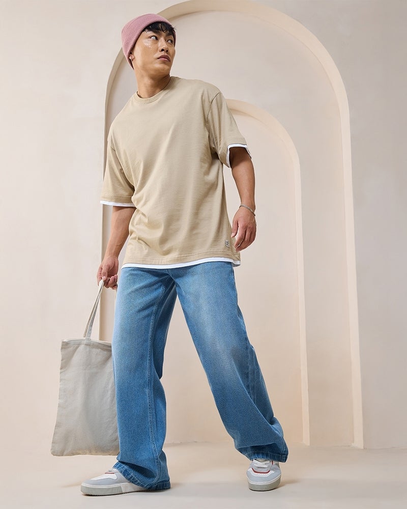 bewakoof Men's Blue Washed Super Baggy Fit Mid-Rise Jeans - Image 4